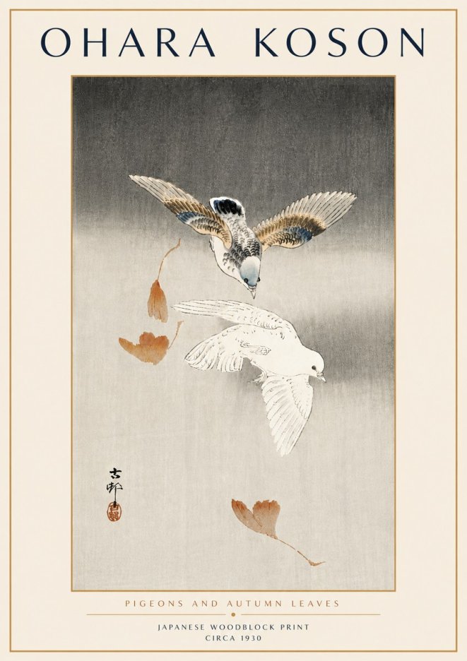 Ohara Koson Pigeons and Autumn Leaves No6 - Juliste