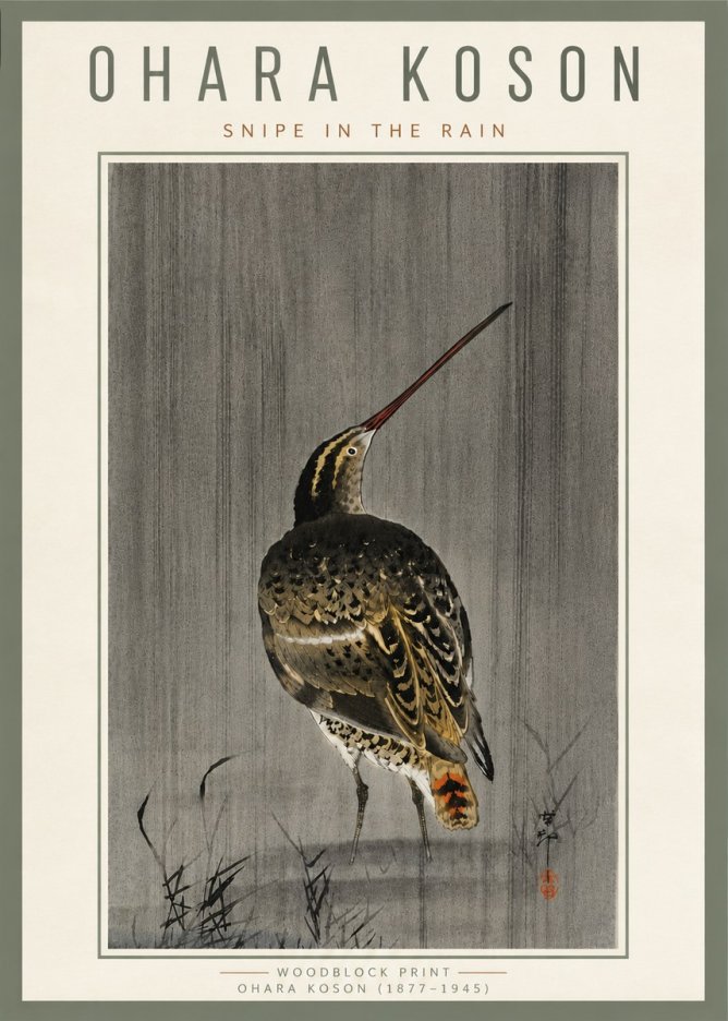 Ohara Koson Snipe in the Rain No6 - Juliste