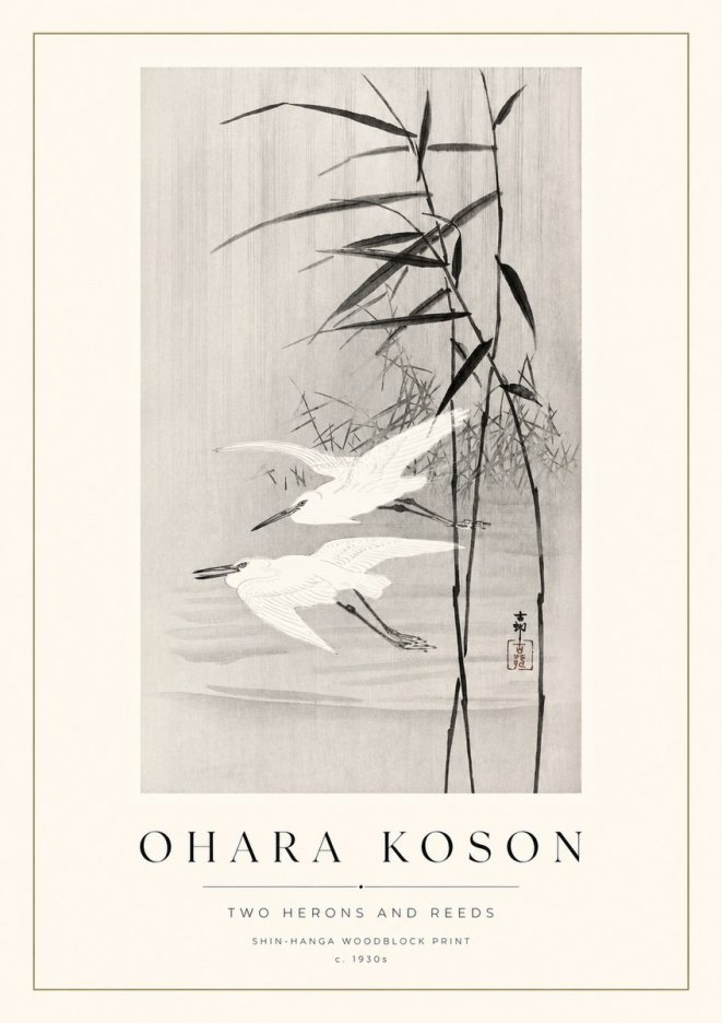Ohara Koson Two Herons and Reeds No1 - Juliste