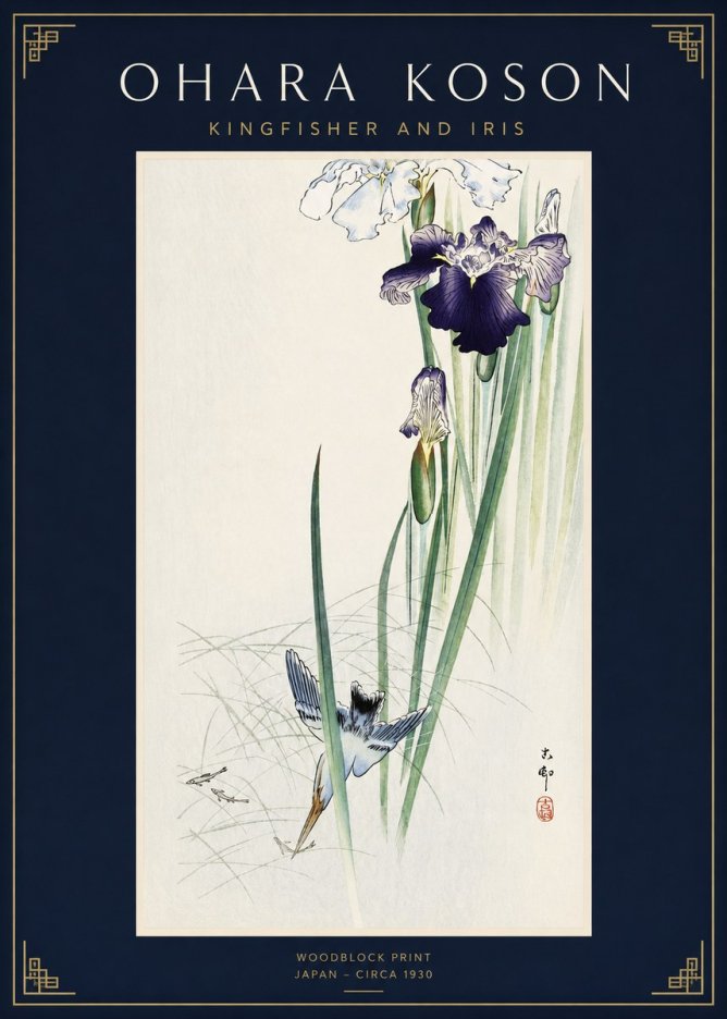 Ohara Koson Kingfisher and Iris No2 - Juliste