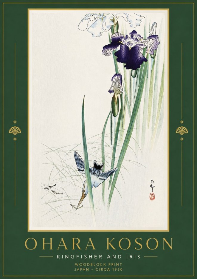 Ohara Koson Kingfisher and Iris No6 - Juliste