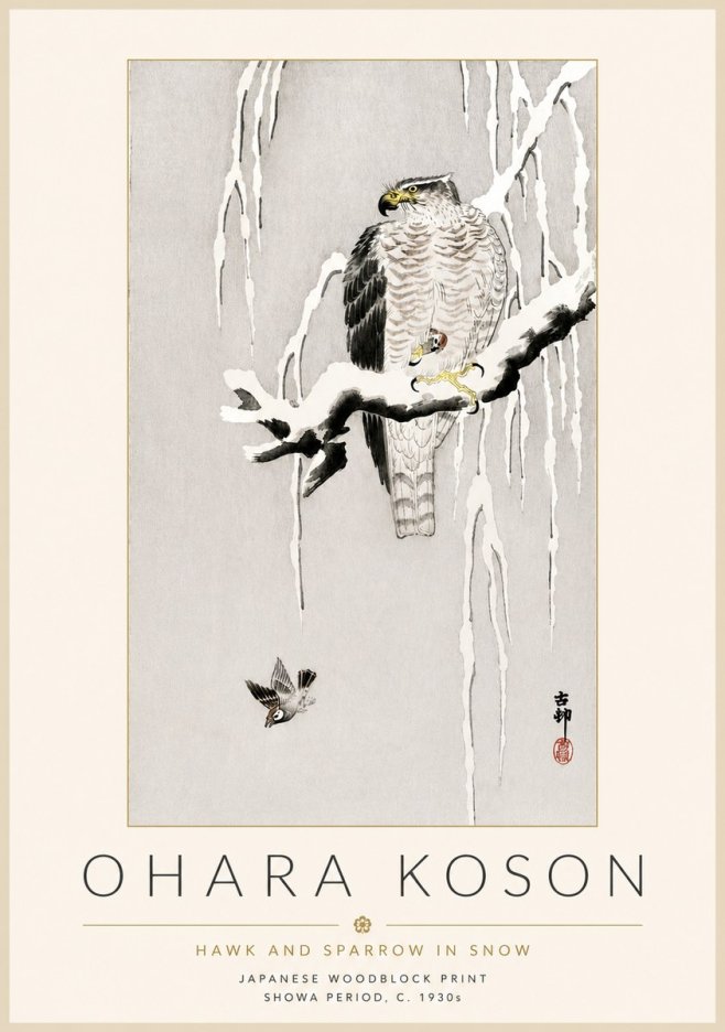 Ohara Koson Hawk and Sparrow in Snow No4 - Juliste