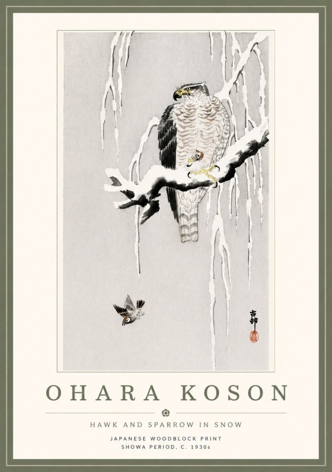 Ohara Koson Hawk and Sparrow in Snow No5 - Juliste