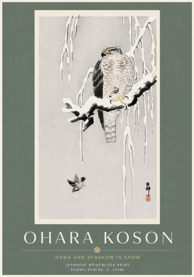 Ohara Koson Hawk and Sparrow in Snow No6 - Juliste