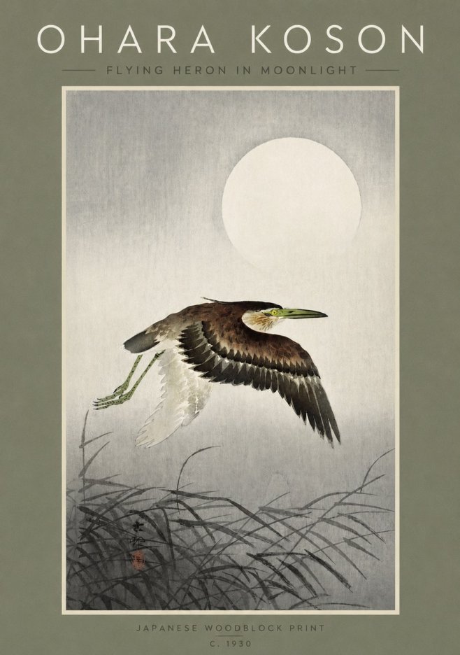 Ohara Koson Flying Heron in Moonlight No2 - Juliste