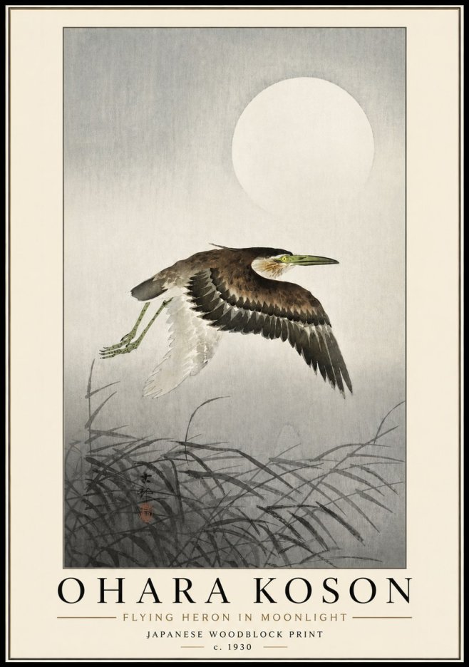 Ohara Koson Flying Heron in Moonlight No3 - Juliste