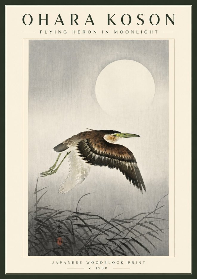 Ohara Koson Flying Heron in Moonlight No5 - Juliste