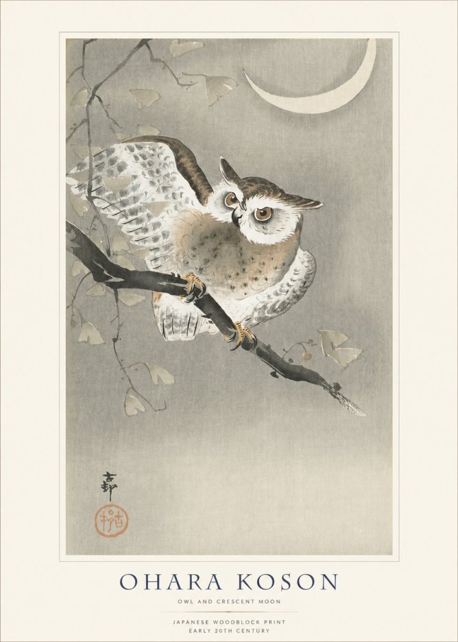 Ohara Koson Owl and Crescent Moon No1 - Juliste
