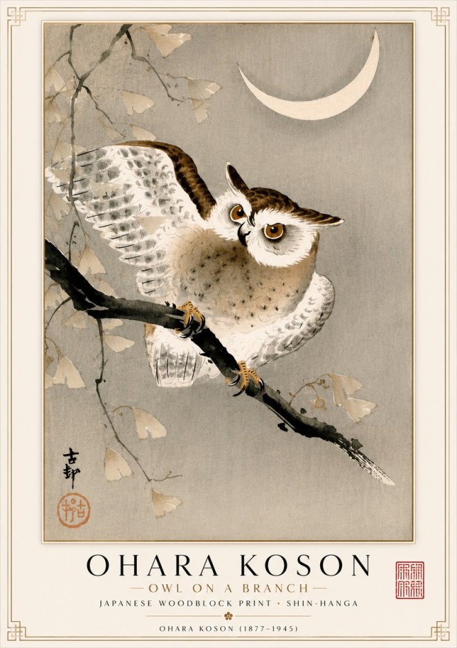 Ohara Koson Owl and Crescent Moon No2 - Juliste