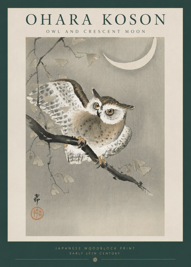 Ohara Koson Owl and Crescent Moon No6 - Juliste