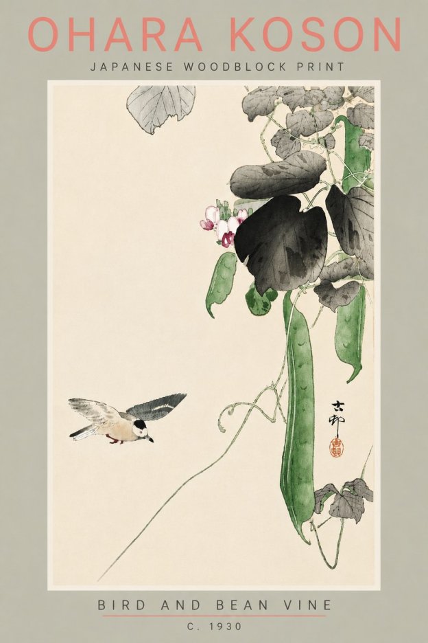 Ohara Koson Bird and Bean Vine No5 - Juliste
