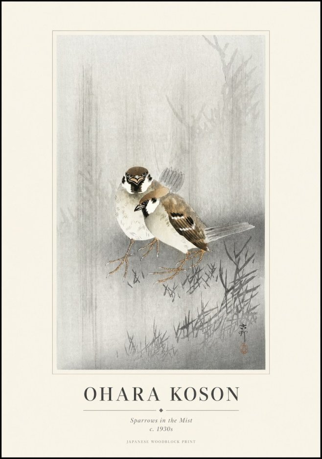 Ohara Koson Sparrows in the Mist No1 - Juliste