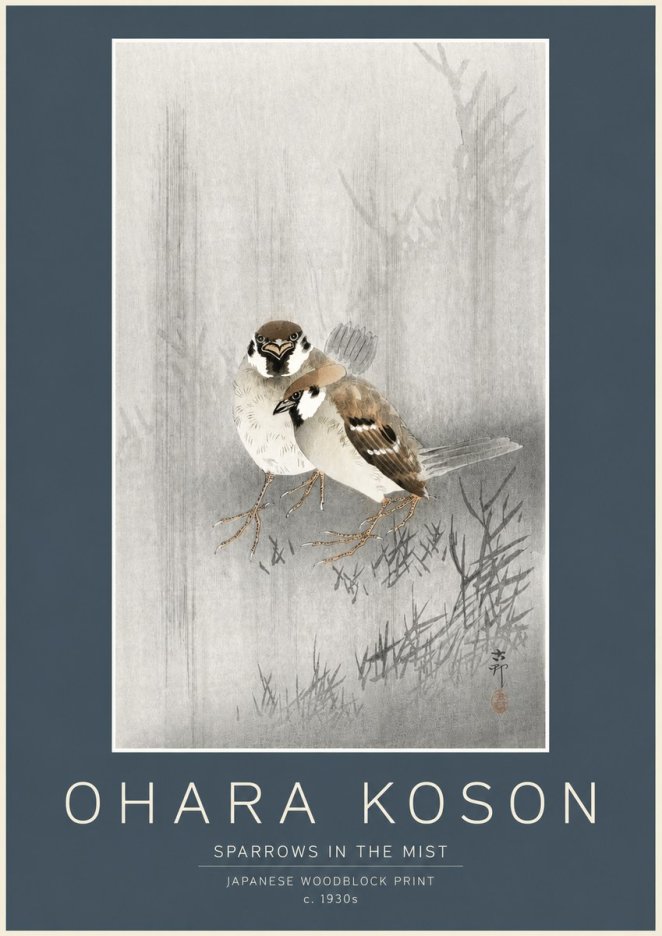 Ohara Koson Sparrows in the Mist No2 - Juliste