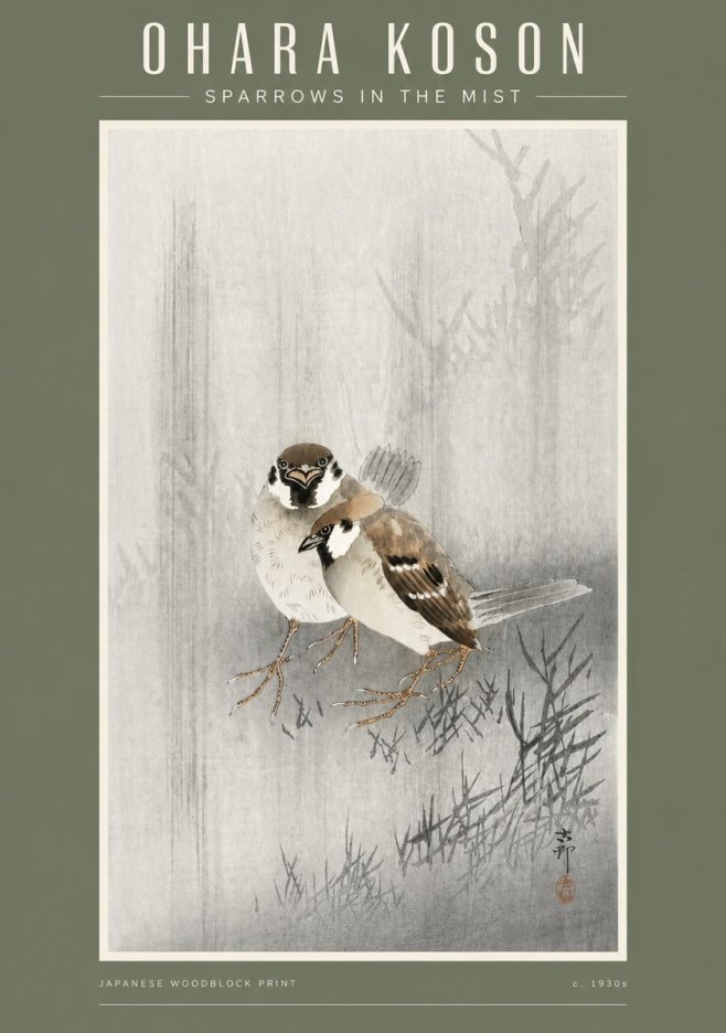 Ohara Koson Sparrows in the Mist No4 - Juliste