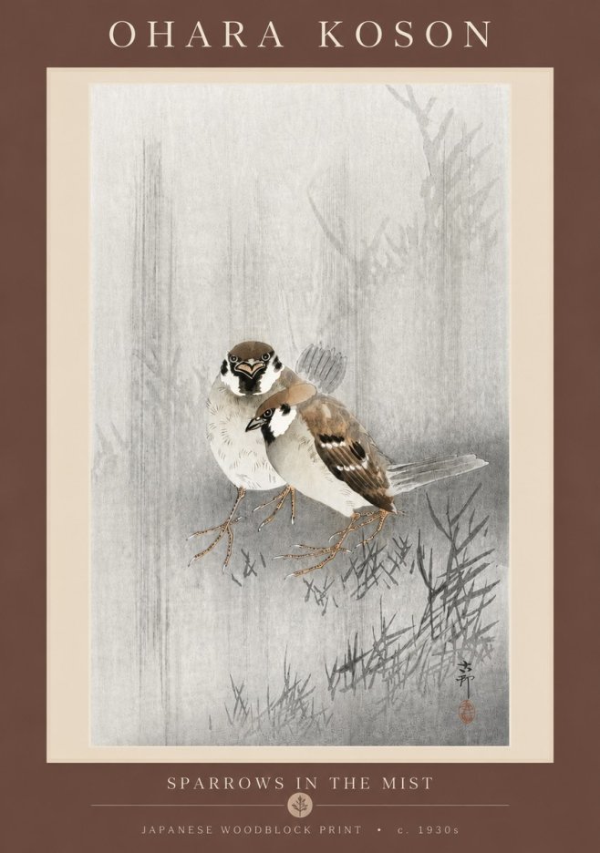 Ohara Koson Sparrows in the Mist No5 - Juliste