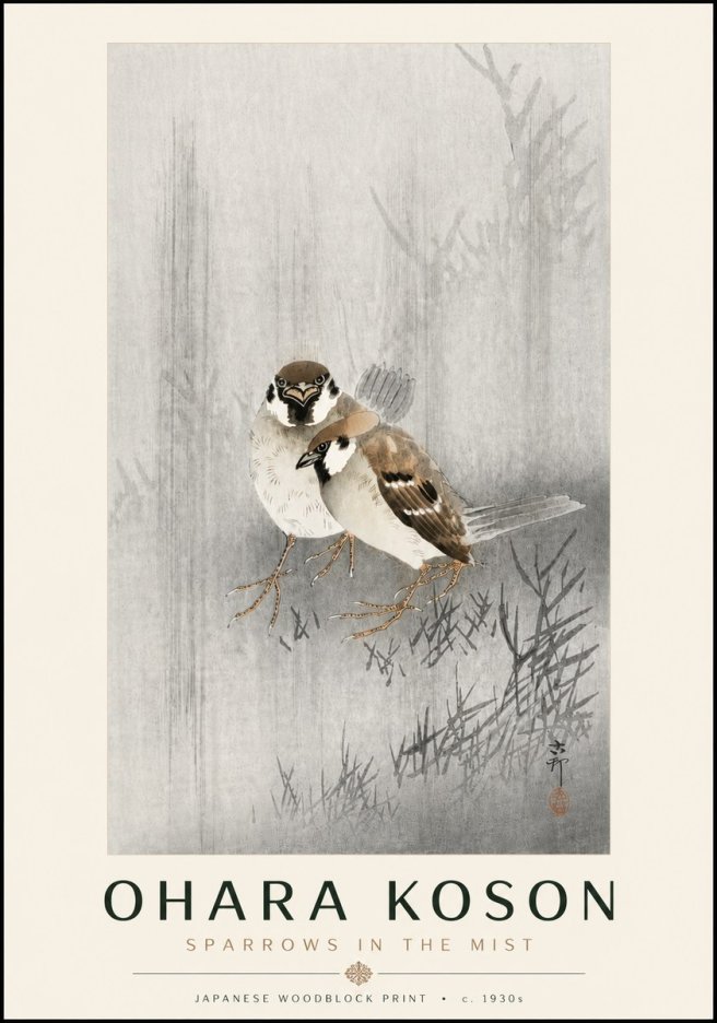Ohara Koson Sparrows in the Mist No6 - Juliste