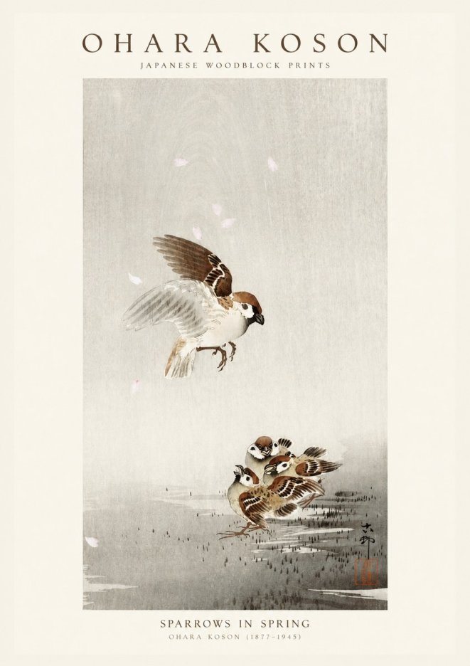 Ohara Koson Sparrows in Spring No1 - Juliste