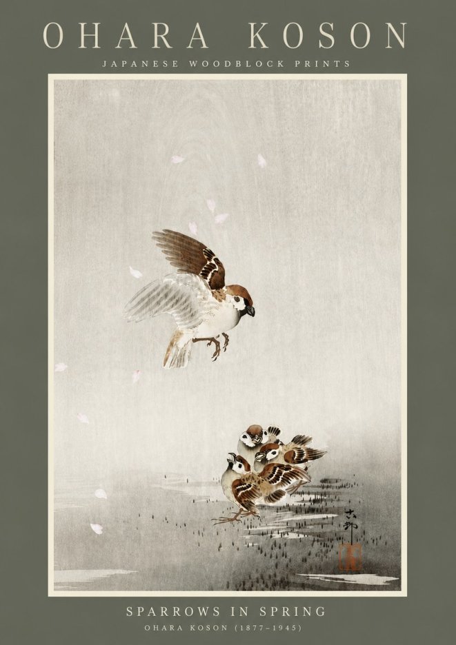 Ohara Koson Sparrows in Spring No4 - Juliste