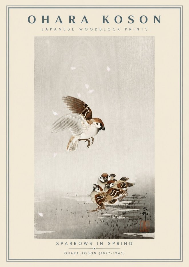 Ohara Koson Sparrows in Spring No6 - Juliste