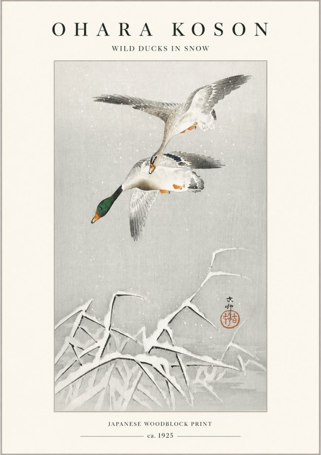 Ohara Koson Wild Ducks in Snow No1 - Juliste