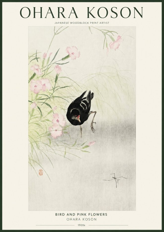 Ohara Koson Bird and Pink Flowers No1 - Juliste