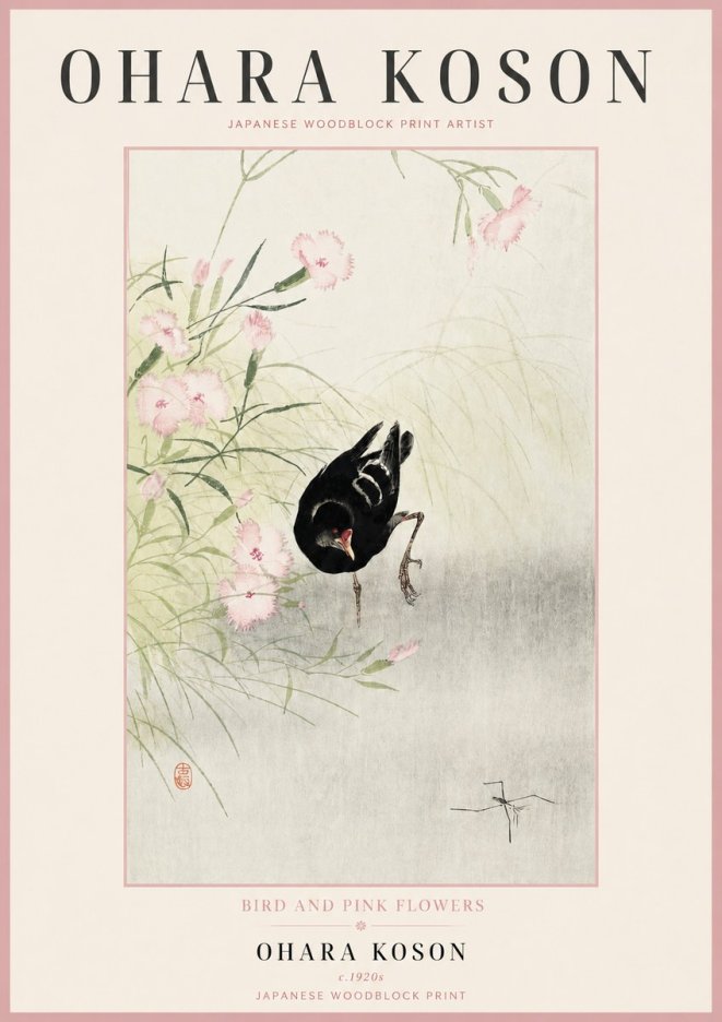 Ohara Koson Bird and Pink Flowers No2 - Juliste