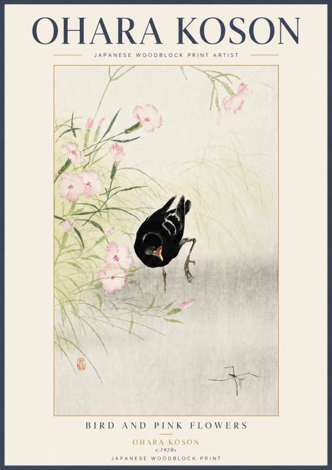 Ohara Koson Bird and Pink Flowers No3 - Juliste