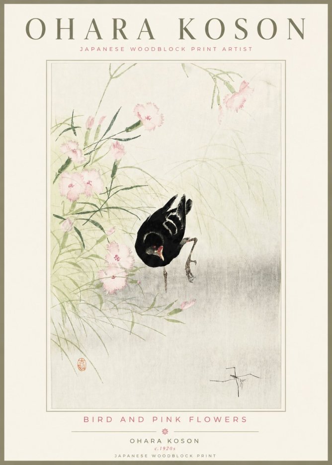 Ohara Koson Bird and Pink Flowers No4 - Juliste