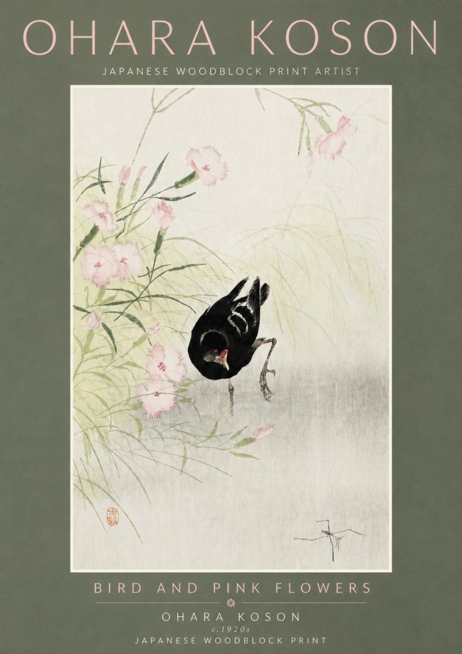 Ohara Koson Bird and Pink Flowers No5 - Juliste