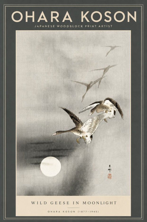 Ohara Koson Wild Geese in Moonlight II No2 - Juliste