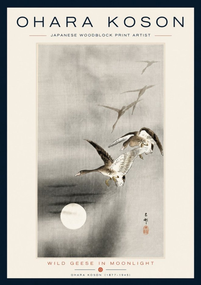 Ohara Koson Wild Geese in Moonlight II No5 - Juliste
