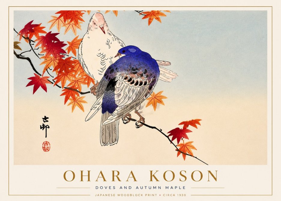 Ohara Koson Doves and Autumn Maple No3 - Juliste
