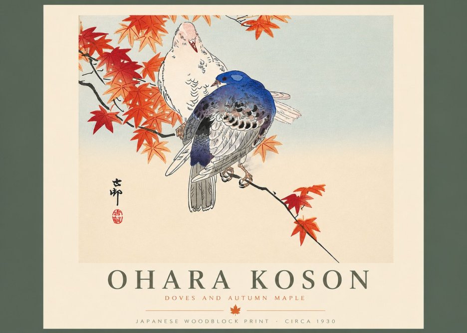 Ohara Koson Doves and Autumn Maple No4 - Juliste