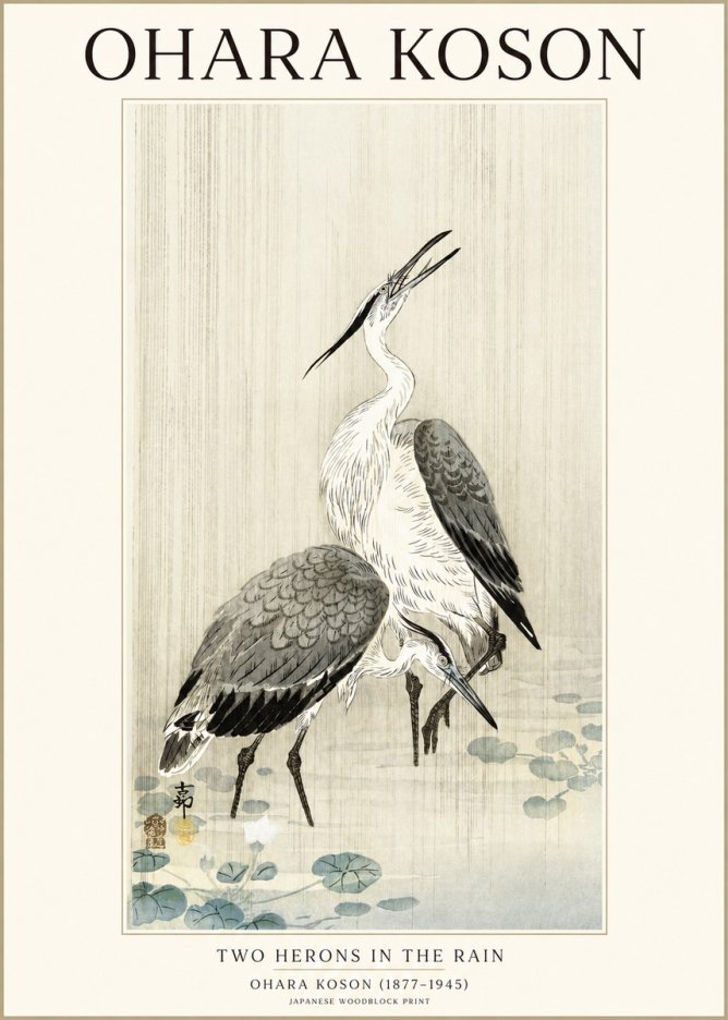 Ohara Koson Two Herons in the Rain No1 - Juliste