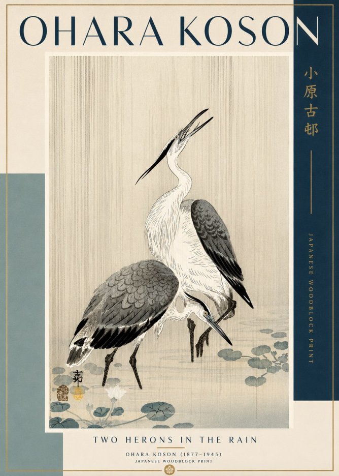 Ohara Koson Two Herons in the Rain No2 - Juliste