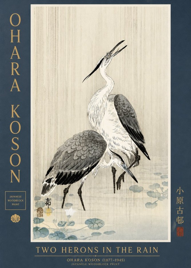 Ohara Koson Two Herons in the Rain No3 - Juliste