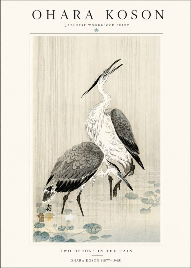 Ohara Koson Two Herons in the Rain No4 - Juliste