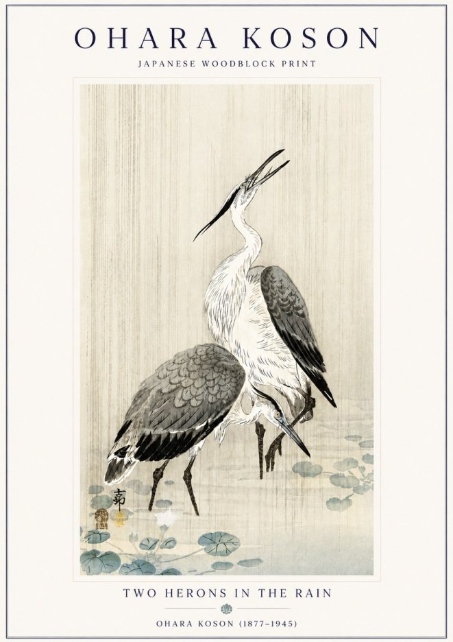 Ohara Koson Two Herons in the Rain No6 - Juliste