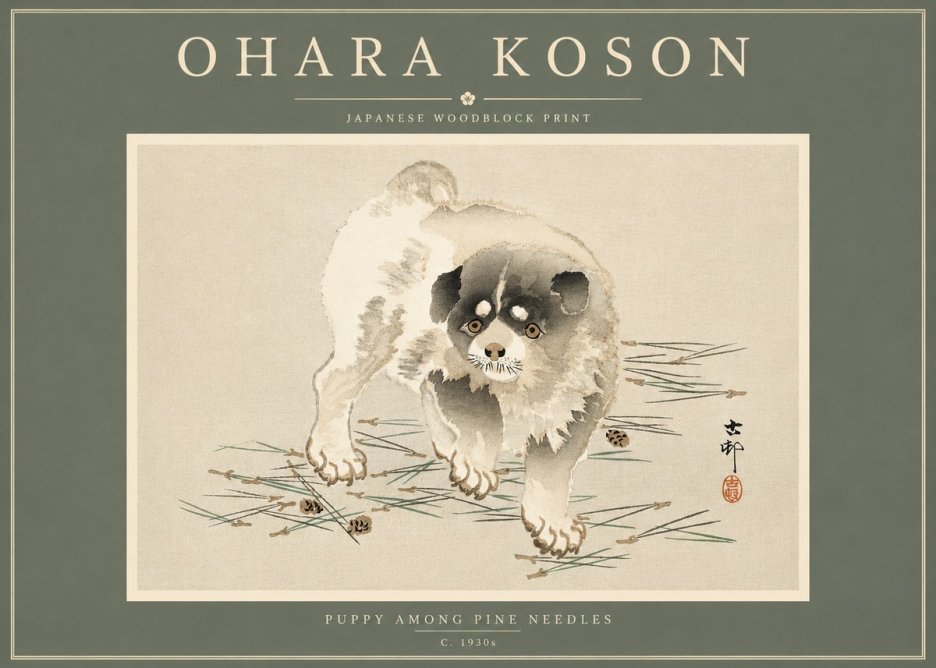 Ohara Koson Puppy Among Pine Needles No4 - Juliste