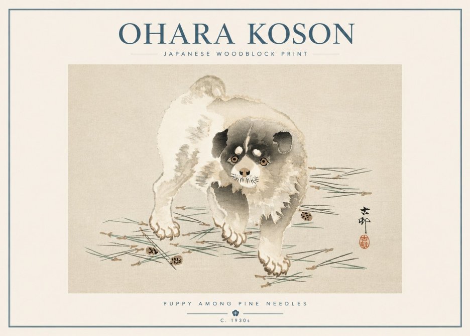 Ohara Koson Puppy Among Pine Needles No5 - Juliste