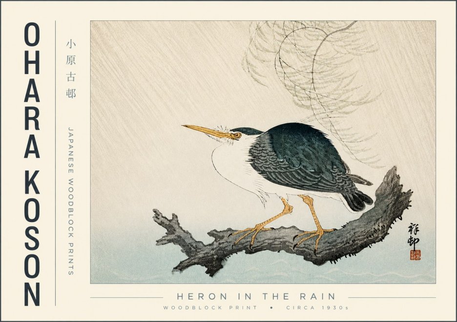 Ohara Koson Heron in the Rain No4 - Juliste