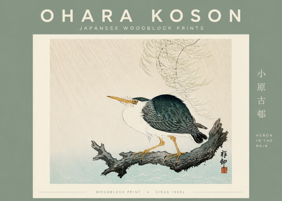 Ohara Koson Heron in the Rain No6 - Juliste