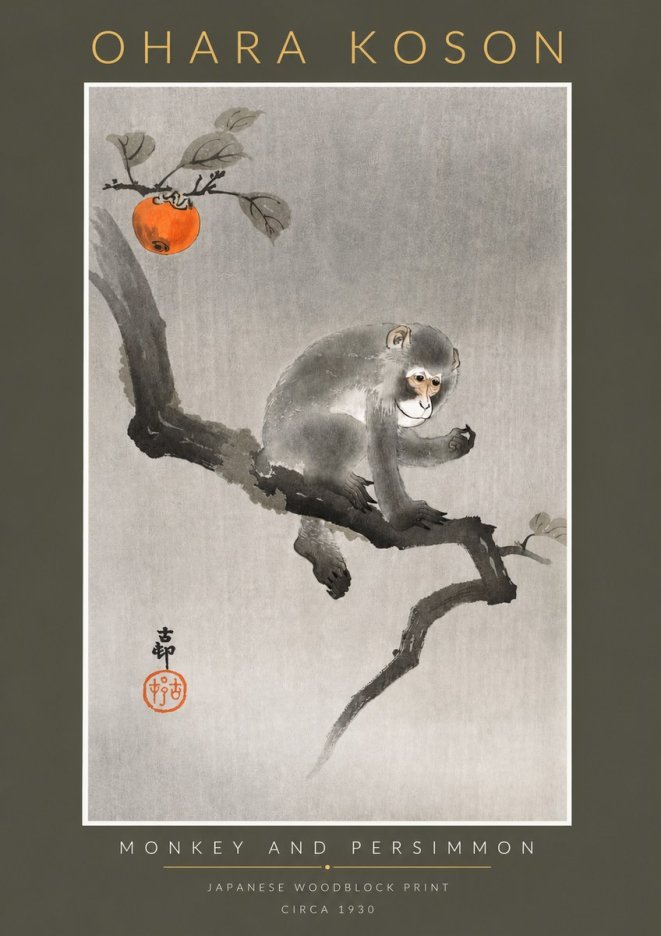 Ohara Koson Monkey and Persimmon No2 - Juliste