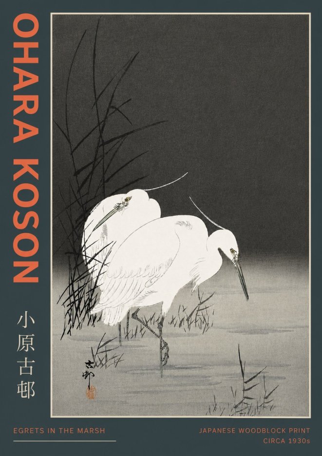 Ohara Koson Egrets in the Marsh No4 - Juliste