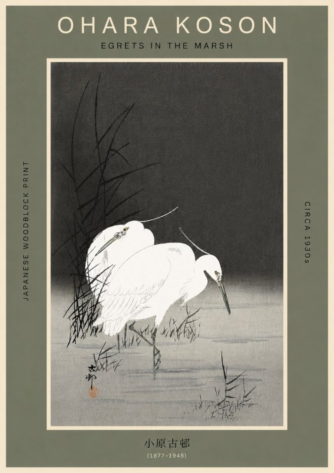 Ohara Koson Egrets in the Marsh No6 - Juliste