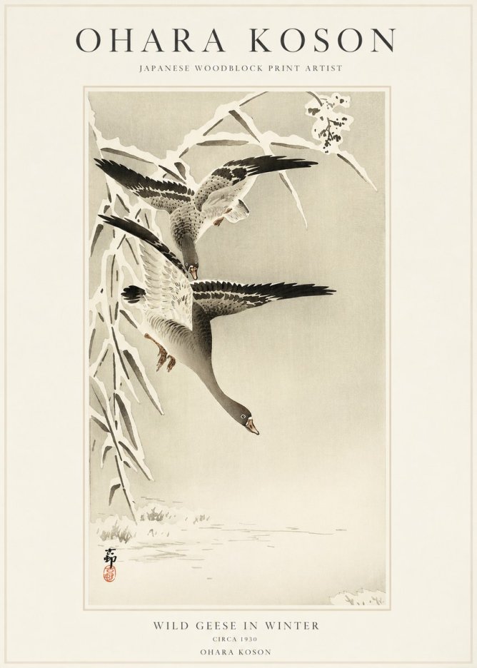 Ohara Koson Wild Geese in Winter No1 - Juliste