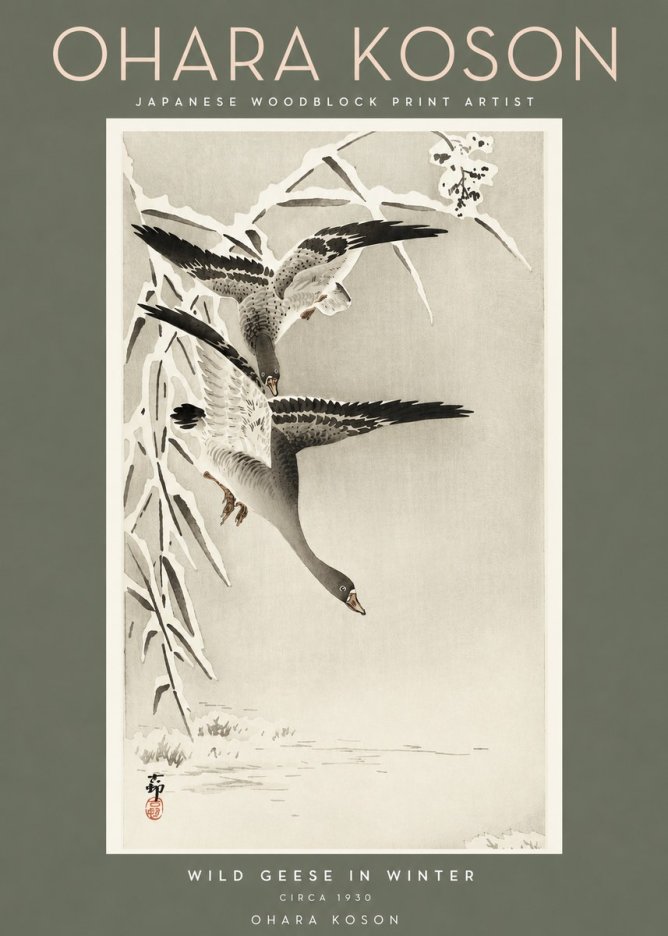 Ohara Koson Wild Geese in Winter No2 - Juliste