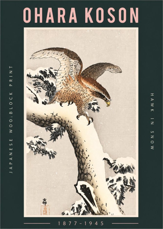Ohara Koson Hawk in Snow No2 - Juliste