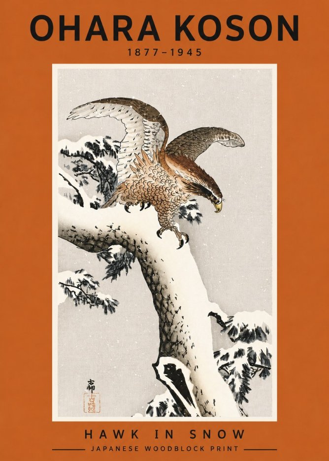 Ohara Koson Hawk in Snow No4 - Juliste