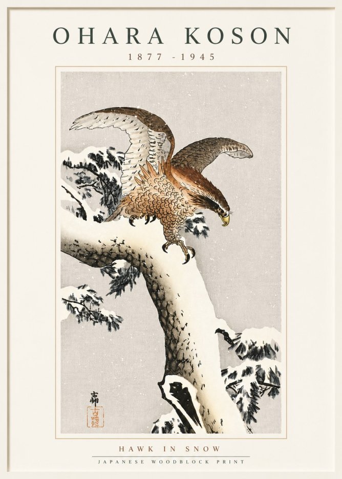 Ohara Koson Hawk in Snow No5 - Juliste